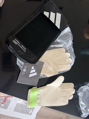 adidas Cream Goalkeeper Gloves with Neon Green Wrist Strap and Black Pouch